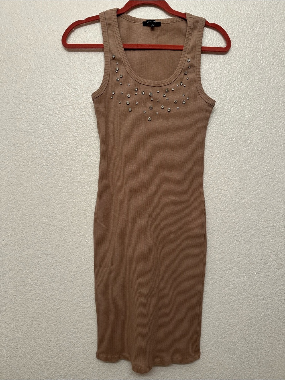 Love Tree Brown Ribbed Tank Midi Dress with Stud Embellishment